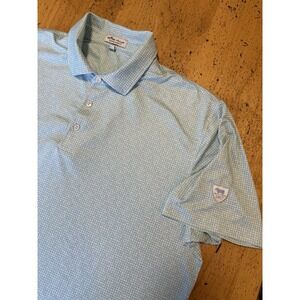 Peter Millar Polo Shirt Mens L Green/Blue Dominoes Print AOP Summer Comfort Golf